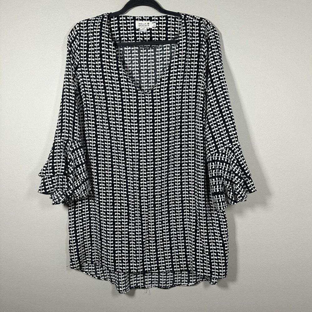 Molly Bracken XLarge Black White Pattern 3/4 Bell Flutter Sleeve‎ Mini Dress
